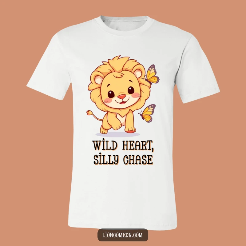 Funny Cheerful Lion T-Shirt - Playful Butterfly Chase Graphic Tee Gift