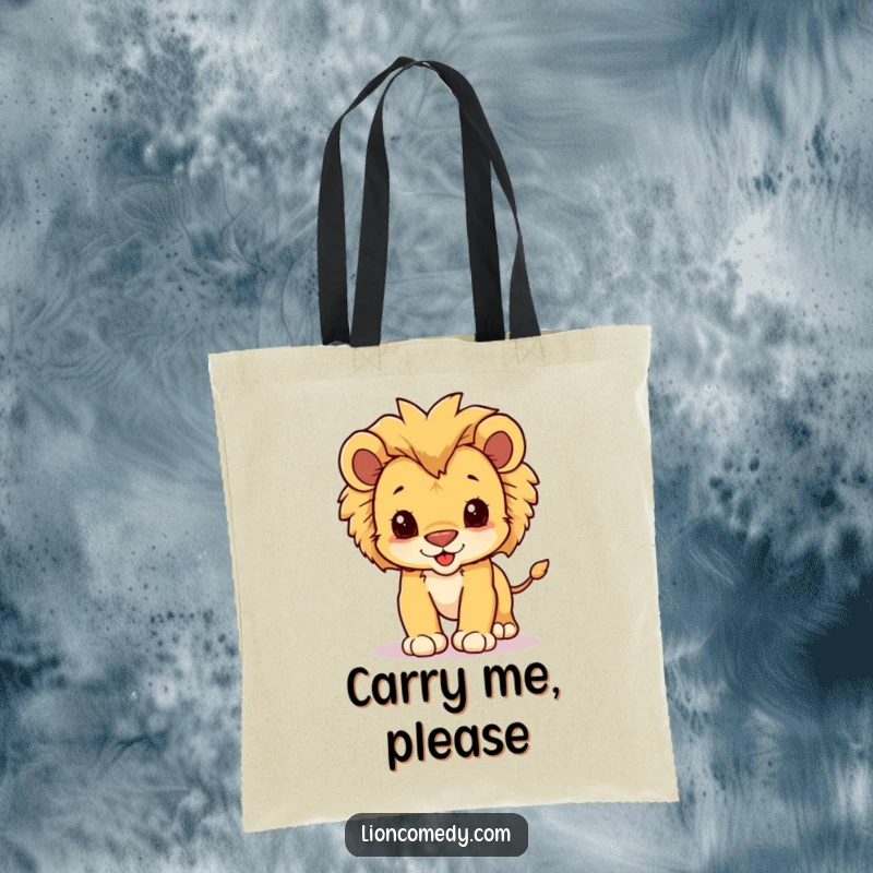 Funny tote bag featuring a cute kawaii lion cub with a fluffy mane, playfully pouncing forward.