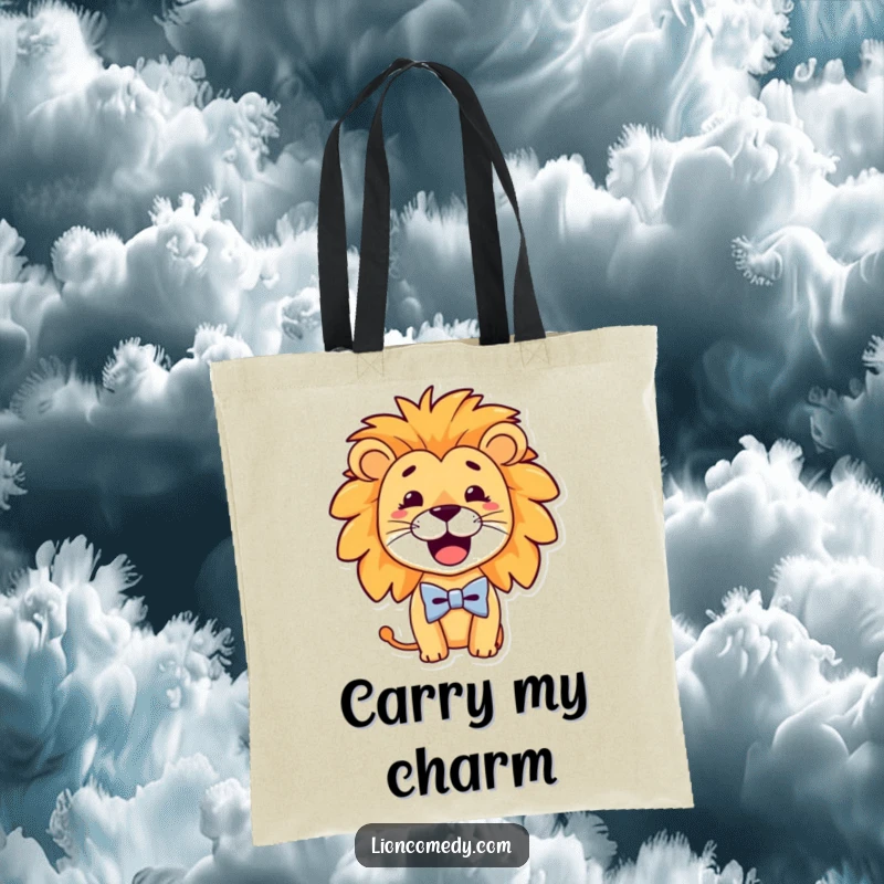 Funny Tote Bag showcasing a dapper lion with a goofy smile, wearing a tiny bow tie, radiating charm and humor.