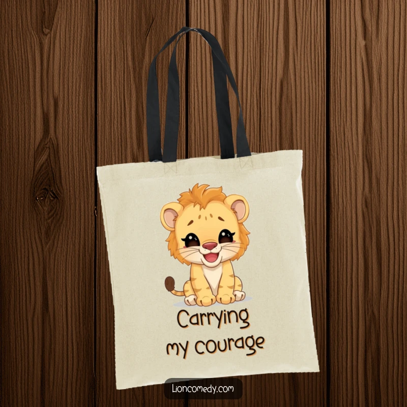 Funny Tote Bag: A giggling lion cub humorously tries to act like a big cat. A stylish and amusing accessory for daily use.