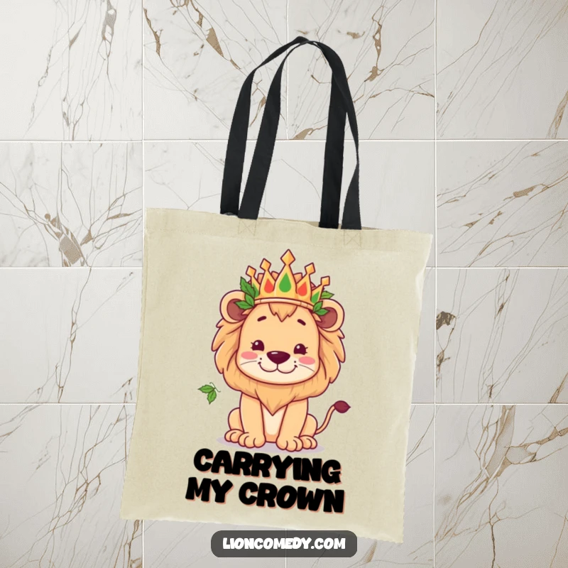 Funny kawaii lion wearing a crown of leaves, striking a kingly yet goofy pose, on a stylish tote bag.