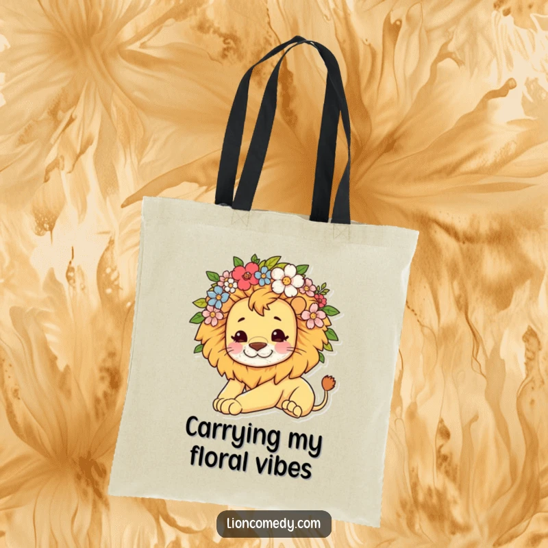 Funny tote bag with a kawaii lion character sporting a mane of flowers, stretching lazily in a relaxed pose.