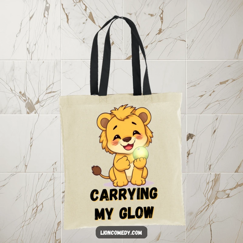 Funny tote bag with a lion cub giggling while holding a small, glowing magical orb, a humorous and practical accessory for magic lovers.