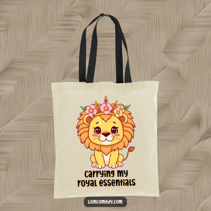 Funny Kawaii Lion Tote Bag, showcasing a proud lion with a floral crown, perfect for stylish shopping and carrying daily essentials with joy.