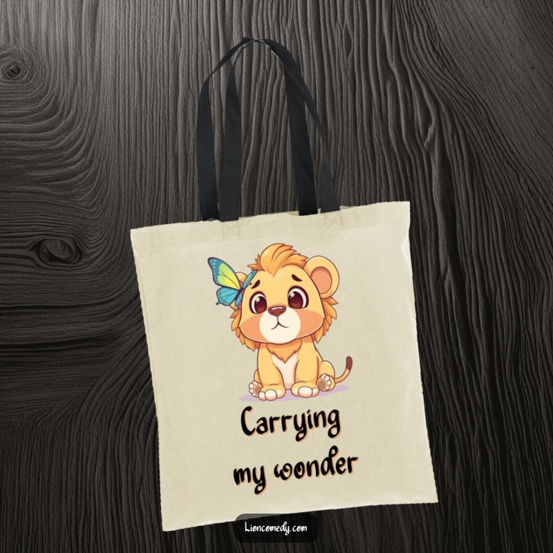 Funny tote bag featuring a lion cub with a comically surprised expression at a flying butterfly, a humorous and practical accessory.