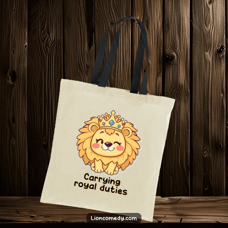 Funny kawaii lion tote bag with a cute lion wearing a crown and winking, perfect for shopping or daily use.