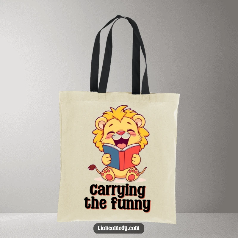 Funny Lion Cub Tote Bag: A jovial cub roars with laughter from its joke book, perfect for carrying essentials.