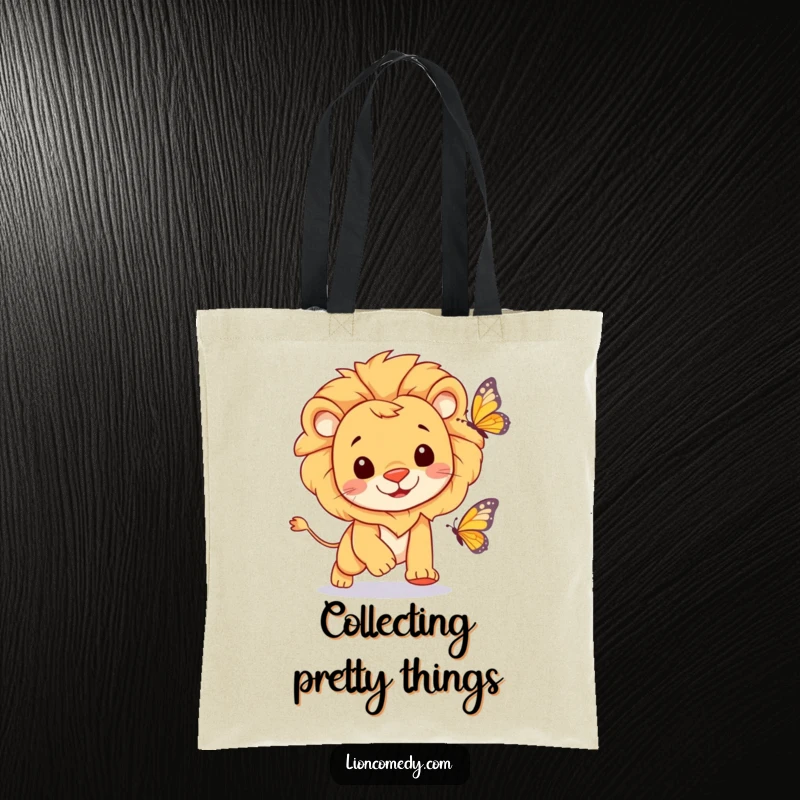 Funny cheerful lion joyfully chasing a butterfly on a durable tote bag, making everyday tasks more delightful.