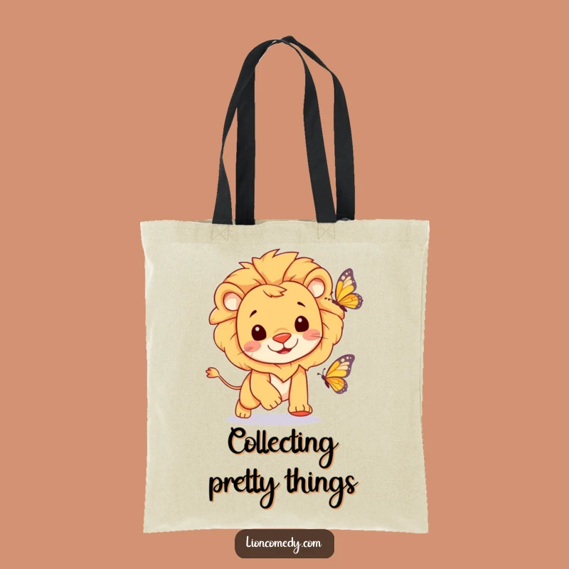 Funny Cheerful Lion Tote Bag - Playful Butterfly Chase Carryall Gift