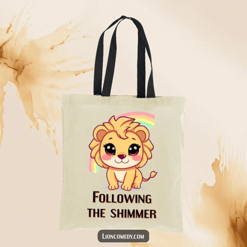 Funny tote bag featuring a cute lion with wide eyes in pursuit of a sparkling, magical rainbow.