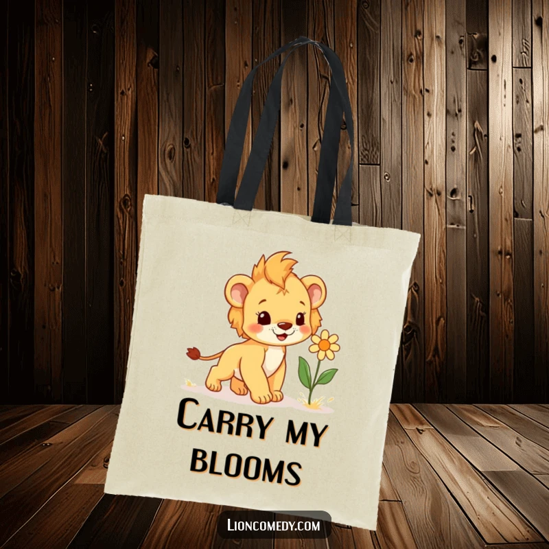 Funny Tote Bag with a happy lion cub joyfully approaching a giggling flower, showcasing pure delight and a playful connection.