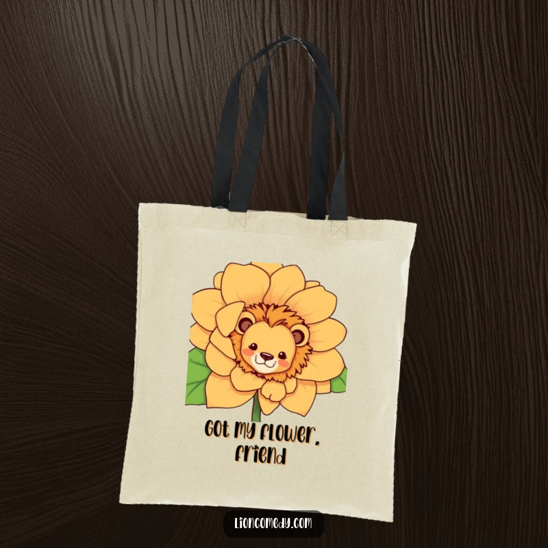 Funny curious lion tote bag, depicting a lion peeking from behind a large flower, great for carrying daily items.