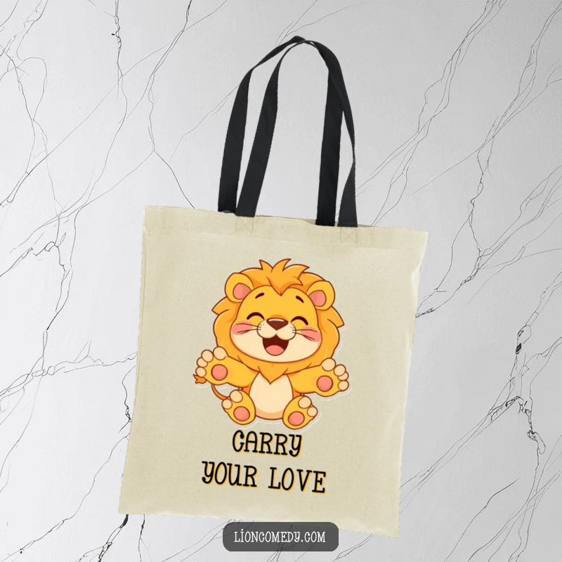Funny Tote Bag with a happy lion holding its paws outstretched, invitingly ready for a hug, showcasing warmth and friendliness.