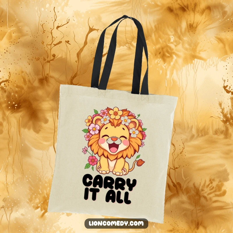 Funny kawaii lion cub with a mane of flowers, roaring with delight, on a stylish and practical tote bag.