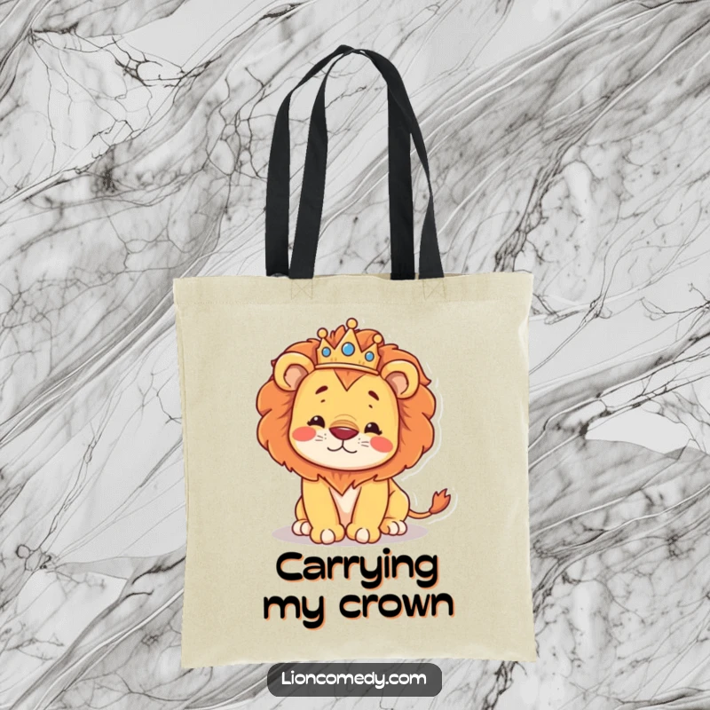Funny kawaii lion wearing a crown, hilariously stumbling, on a durable and stylish tote bag.