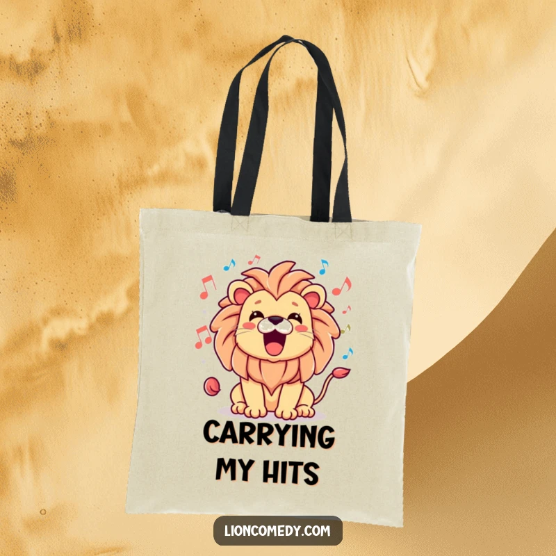 Funny tote bag featuring a kawaii lion with a wide, happy roar, surrounded by musical notes.