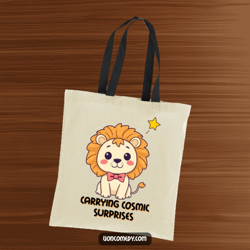 Funny Kawaii Lion Tote Bag: Cartoon lion in bow tie surprised by falling star, a functional and funny accessory.