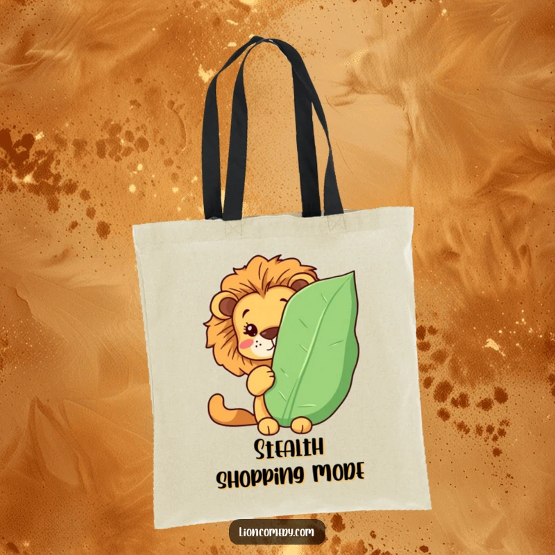 Funny Kawaii lion tote bag featuring a lion hiding behind a leaf, peeking mischievously. A humorous and practical accessory.