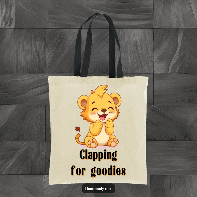 Funny Tote Bag with a lion cub clapping its paws together in pure delight, ready to celebrate.