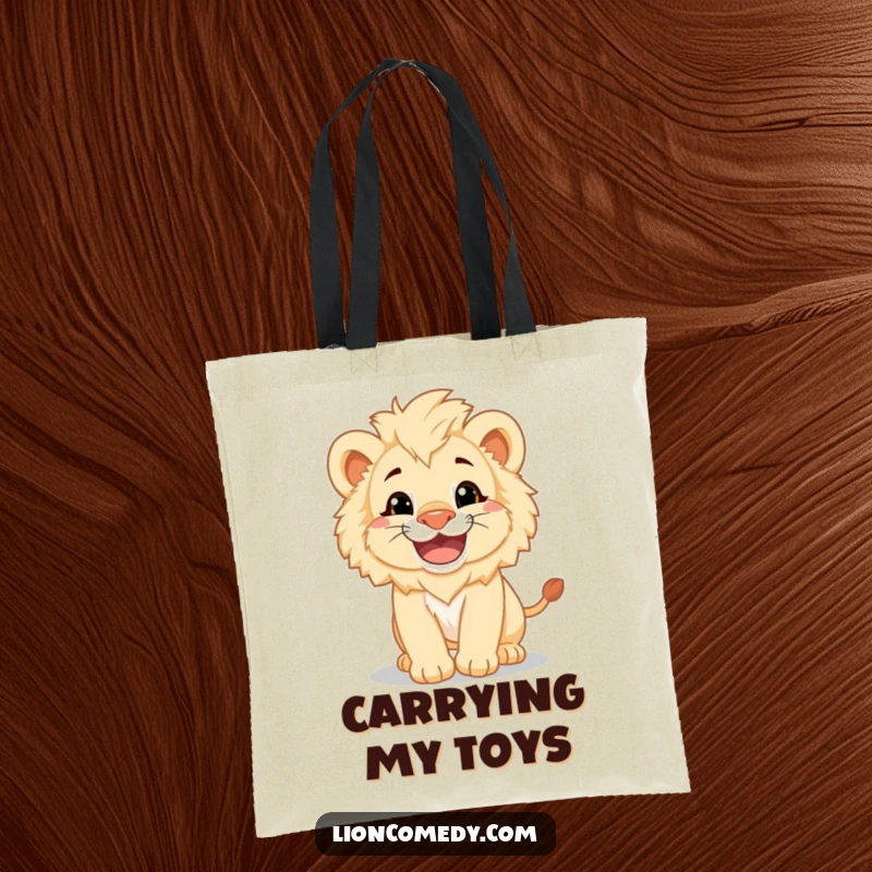 Funny fluffy lion cub with a big grin pouncing playfully on a durable tote bag, making errands more fun.