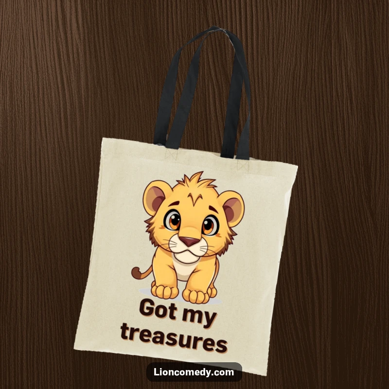 Funny Tote Bag with a lion cub pouncing forward, eyes wide with curiosity, ready to explore anything.
