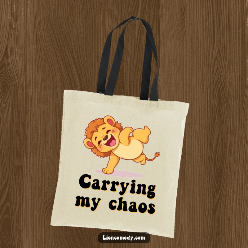 Funny tote bag featuring an energetic lion cub doing a clumsy yet joyful somersault, ready for adventures.