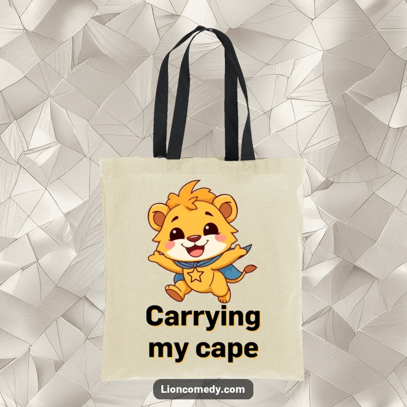 Funny tote bag featuring a smiling lion cub wearing a superhero cape, flying joyfully, ready for any mission.