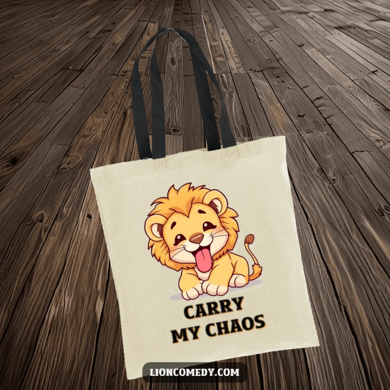 Funny Tote Bag featuring a happy lion cub in a joyful tumble with its tongue playfully out, showcasing pure bliss and humor.