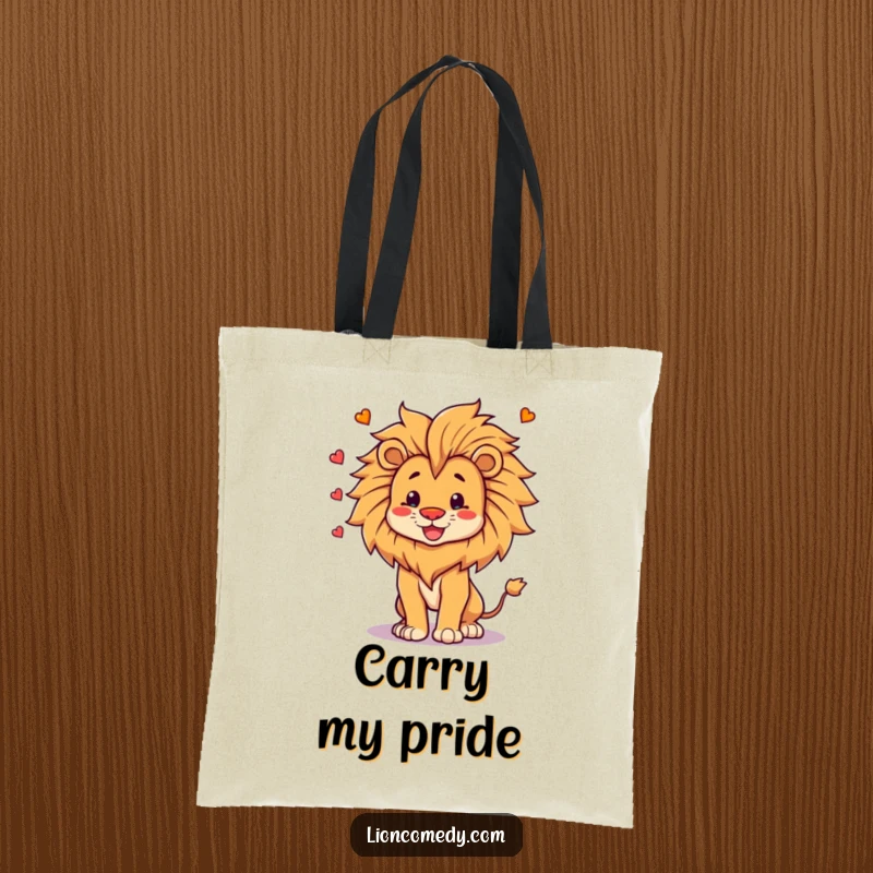 Funny Tote Bag showcasing a proud, happy lion expertly juggling its own impressive mane, embodying humor and confident personality.