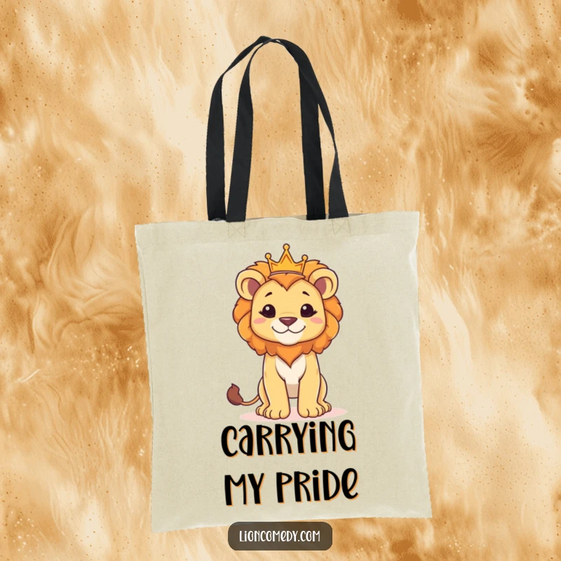 Funny tote bag featuring a proud lion cub standing tall with a small crown, ideal for carrying items.