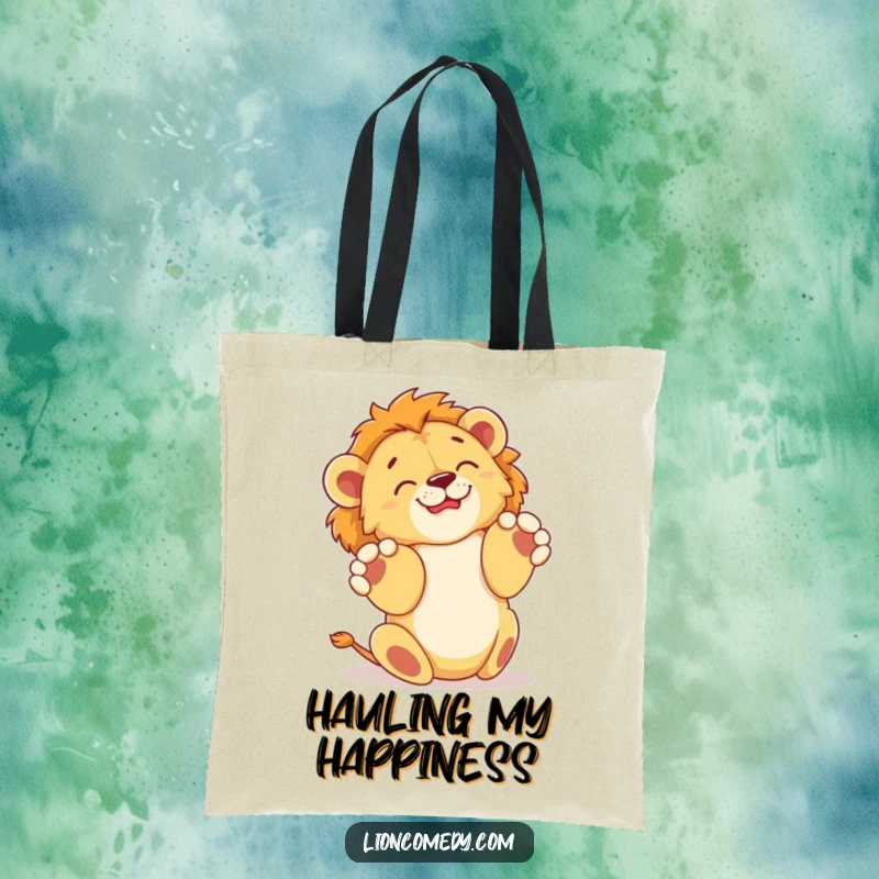 Funny tote bag with a lion cub joyfully rolling on its back, paws in the air, a humorous and practical accessory for carrying joy.