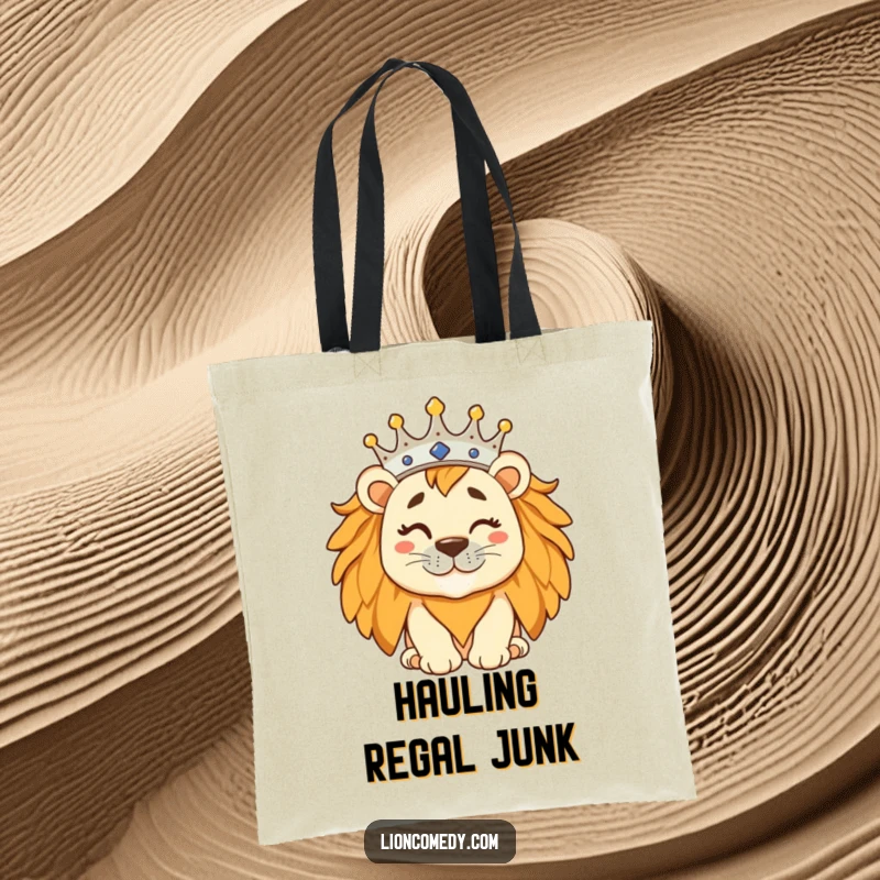 Funny regal lion wearing a tilted crown and winking, featured on a durable tote bag for stylish carrying.