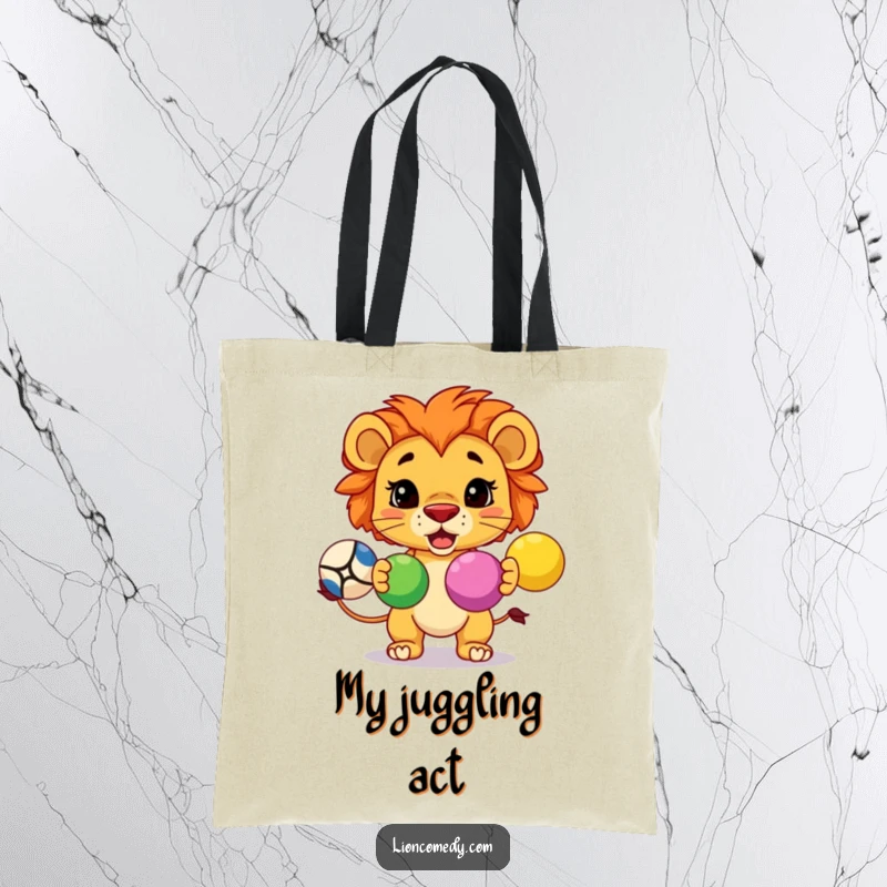 Funny kawaii lion, determinedly juggling three colorful balls, on a durable and stylish tote bag.