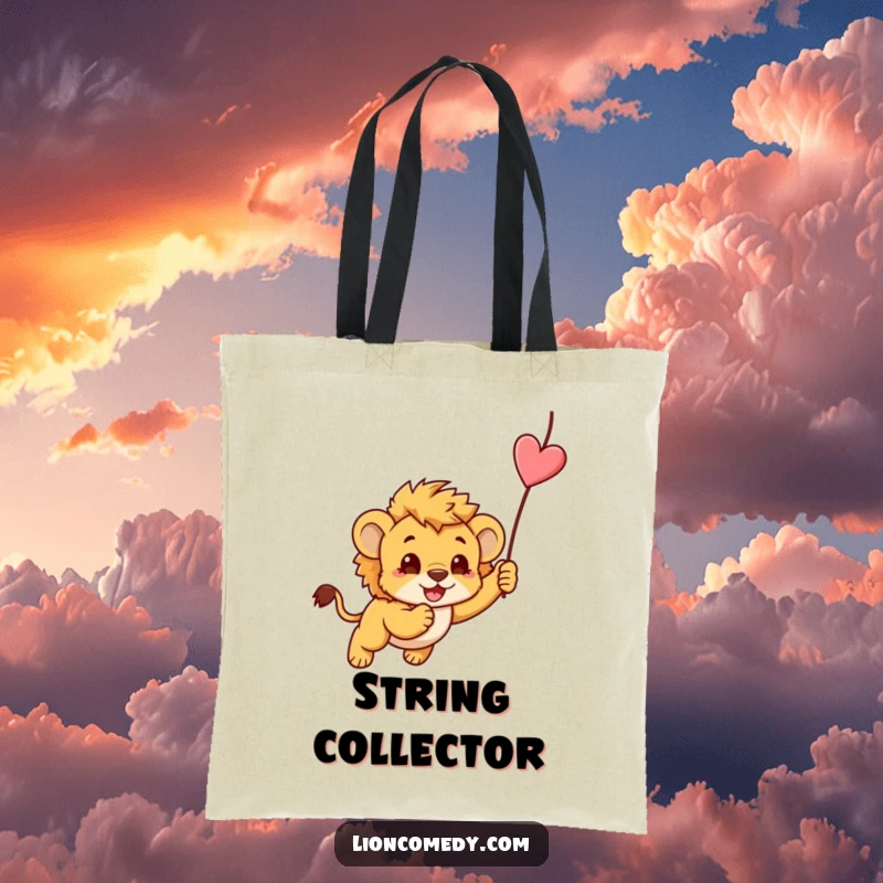 Funny kawaii lion cub, playfully pouncing on a dangling string, printed on a durable and stylish tote bag.